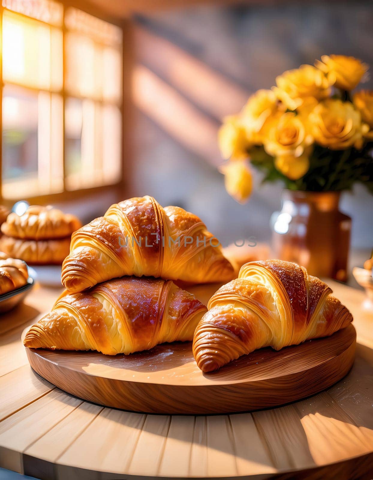 Fresh pastries on the table, golden croissants. Selective focus.