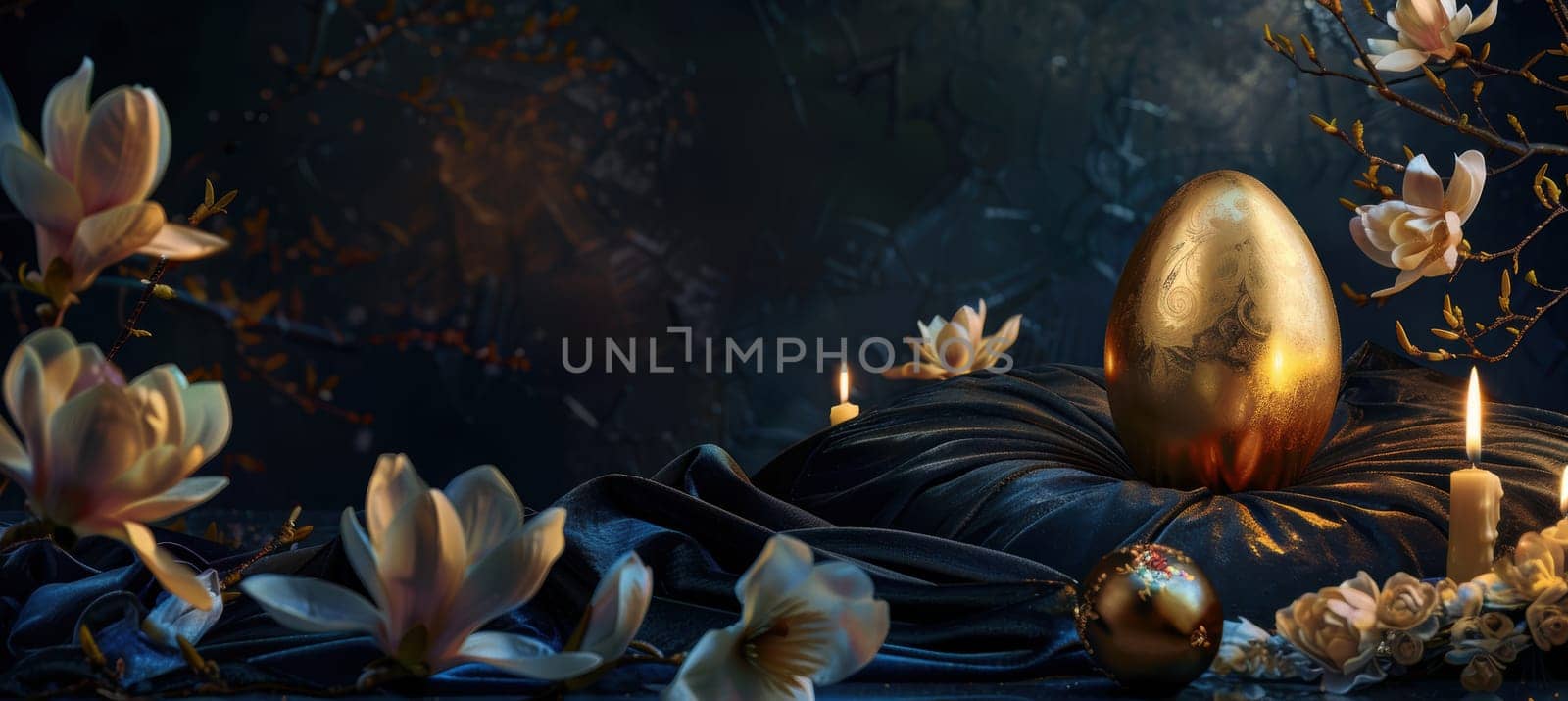 A luxurious easter scene featuring a golden egg resting on a velvet cushion, surrounded by elegant flowers and soft candlelight. the rich, dark background emphasizes the egg, creating a sophisticated and festive atmosphere perfect for holiday themes.