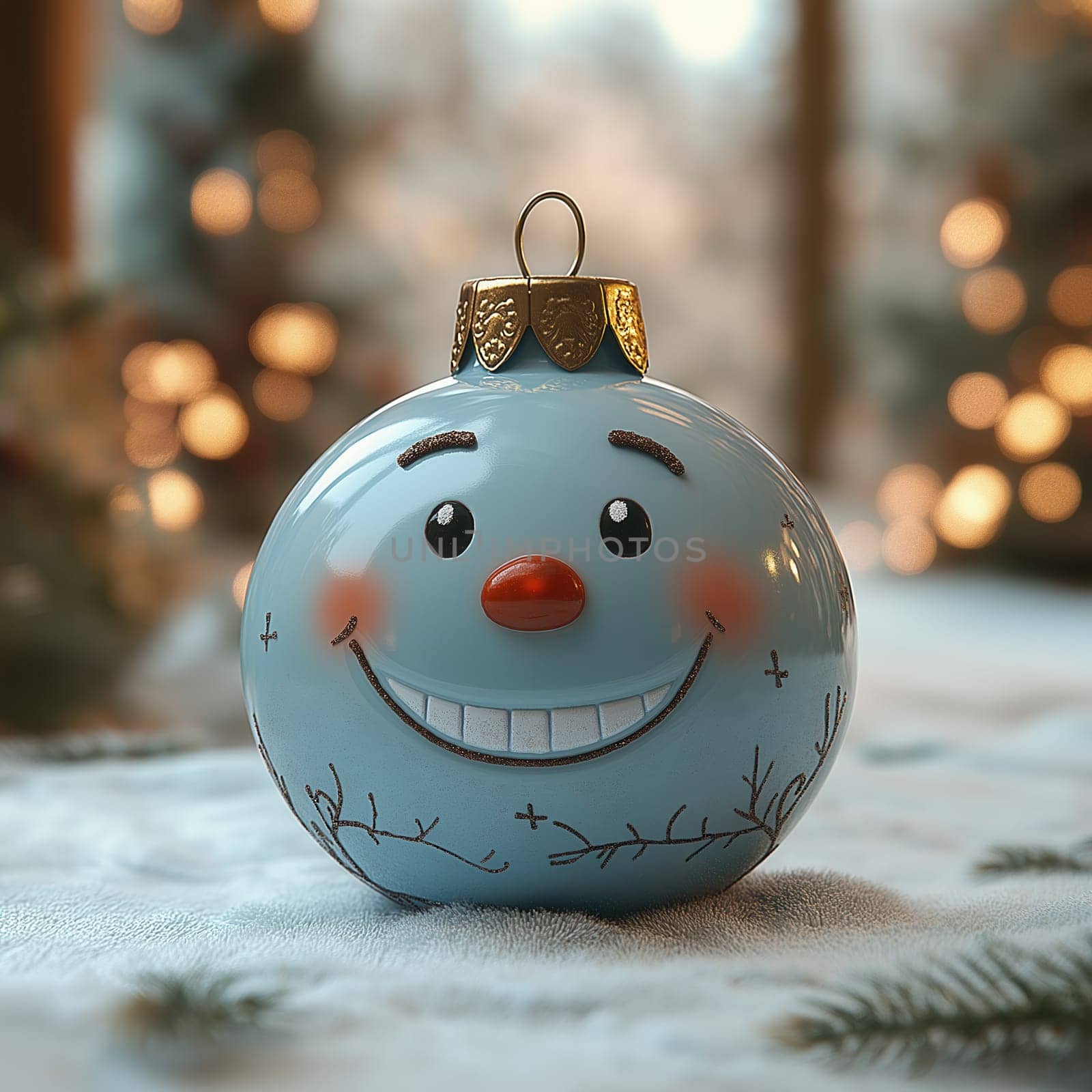 Cartoon Christmas tree toy blue ball with a smiling face. Selective focus.