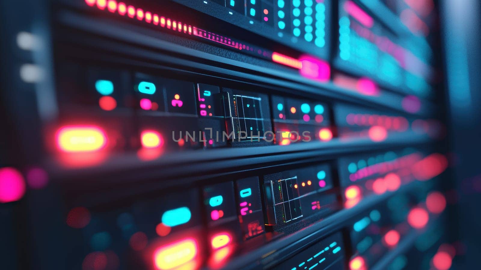 Close-up of a server's front panel in a data center, featuring rhythmically blinking led lights. the image highlights the intricate hardware design, with a softly blurred background enhancing the scene's depth and technological feel.