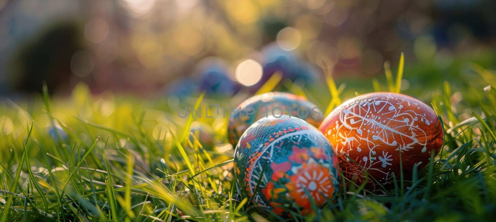 Colorful easter eggs with intricate designs rest in vibrant green grass, illuminated by warm sunlight. the background bokeh effect adds depth, creating a serene springtime atmosphere with ample space for event details or text.