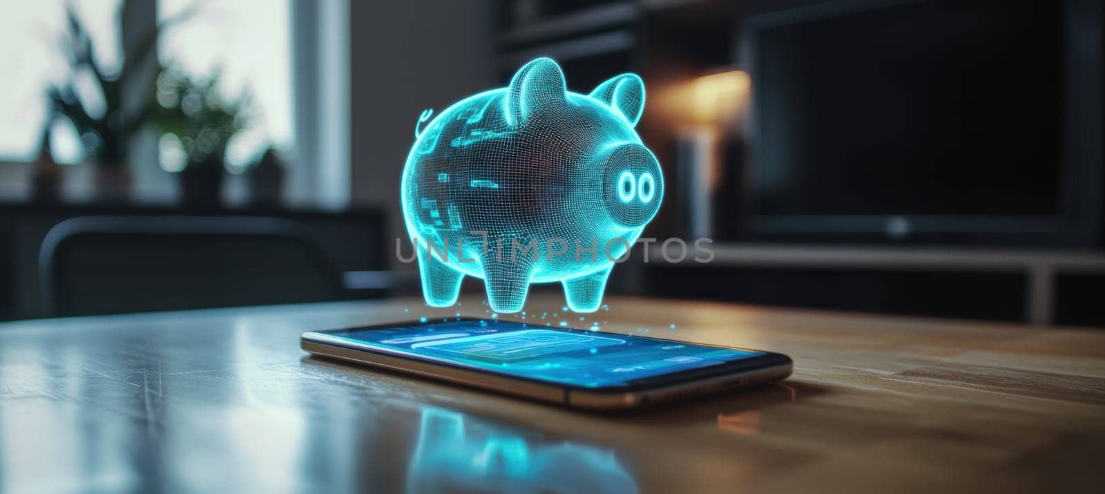 Futuristic digital piggy bank hologram hovering above a smartphone on a wooden desk, illustrating advanced savings technology. the smartphone displays a savings app interface, emphasizing innovation in finance and digital money management.