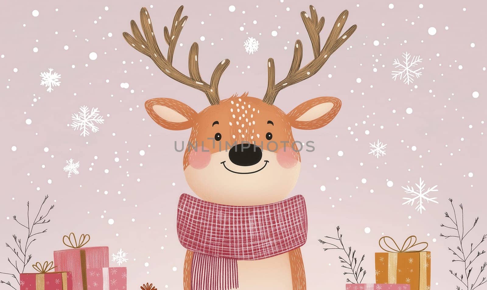 Christmas card with cartoon reindeer on pink background. Selective focus.