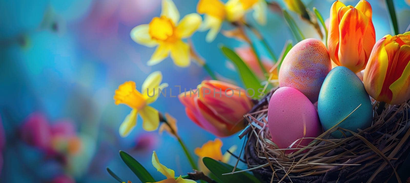 Vibrant easter-themed banner featuring multicolored eggs nestled in a nest, surrounded by blooming tulips and daffodils. the composition is set against a bright, soft-focus background, providing ample space for text or promotional use.
