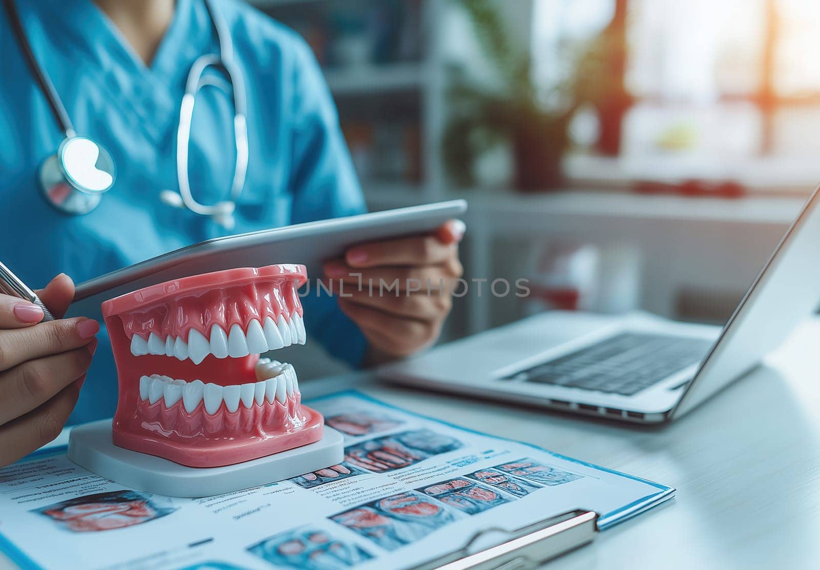 A dentist works with specimen teeth, recording data on a tablet. Selective focus.