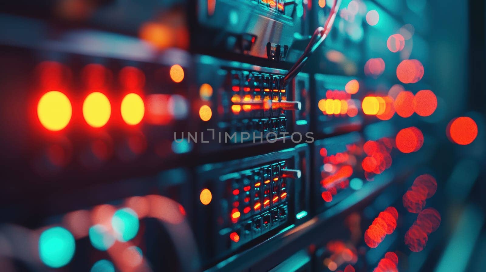 Close-up of a server panel in a data center the intricate details of blinking led lights and control buttons. the vibrant lighting and futuristic ambiance emphasize advanced technology and digital infrastructure.