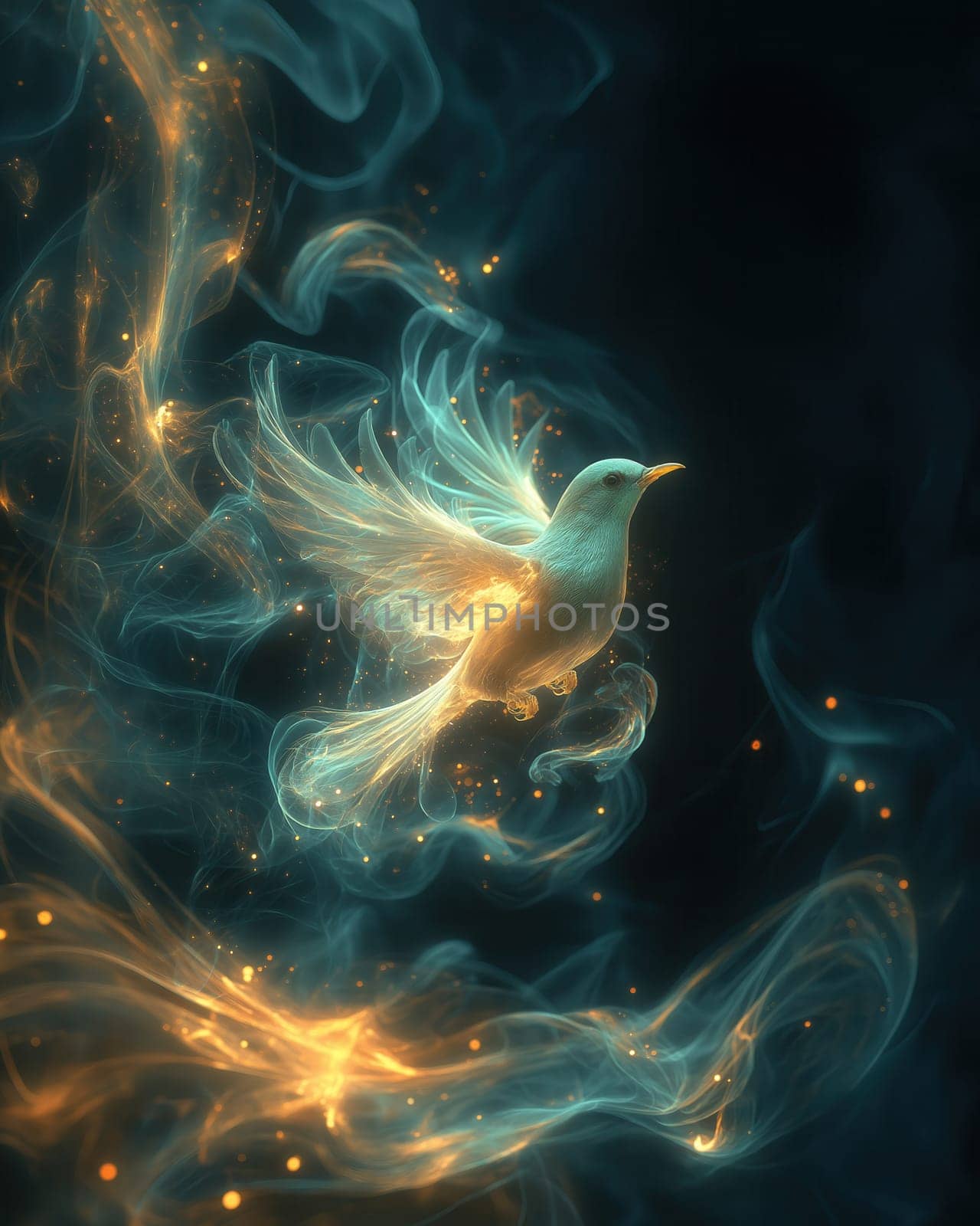 Mystical glowing bird on a black background. Selective focus.