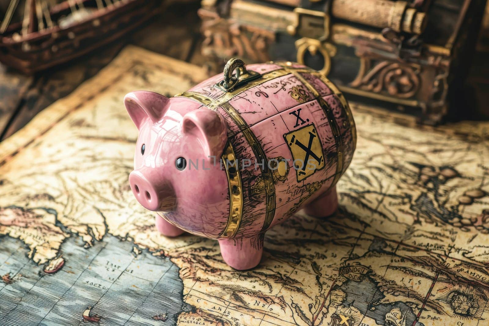 A piggy bank shaped like a treasure chest sits on a vintage map, marked with a dotted path leading to an x. the scene evokes adventure, symbolizing hidden treasures and embodying a playful approach to financial planning.