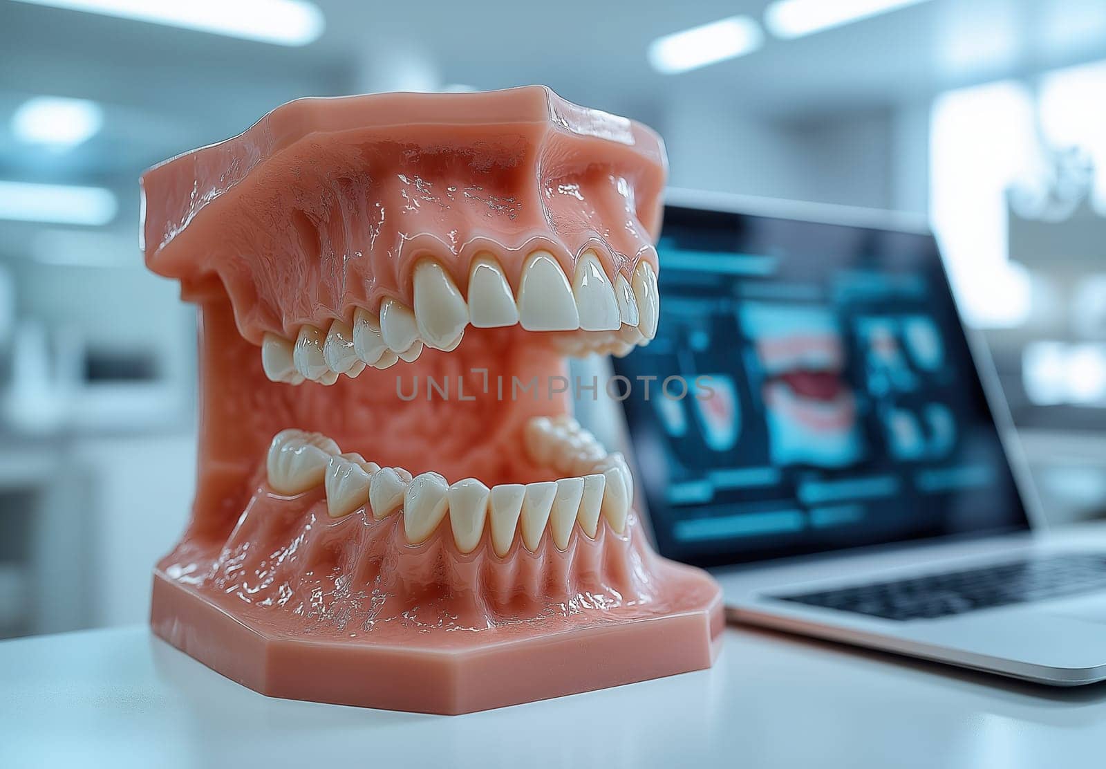 A dentist works with specimen teeth, recording data on a tablet. Selective focus.