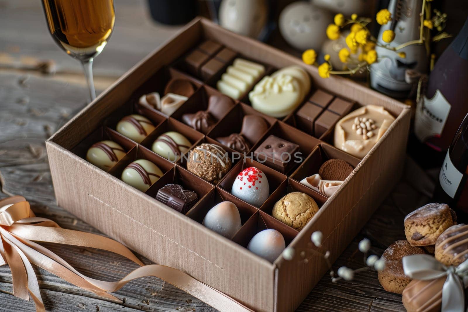 A beautifully presented easter gift box brimming with handcrafted chocolates, artisanal cookies, and mini champagne bottles, elegantly wrapped in satin ribbon. set on a rustic wooden table, it exudes luxury and festive cheer.