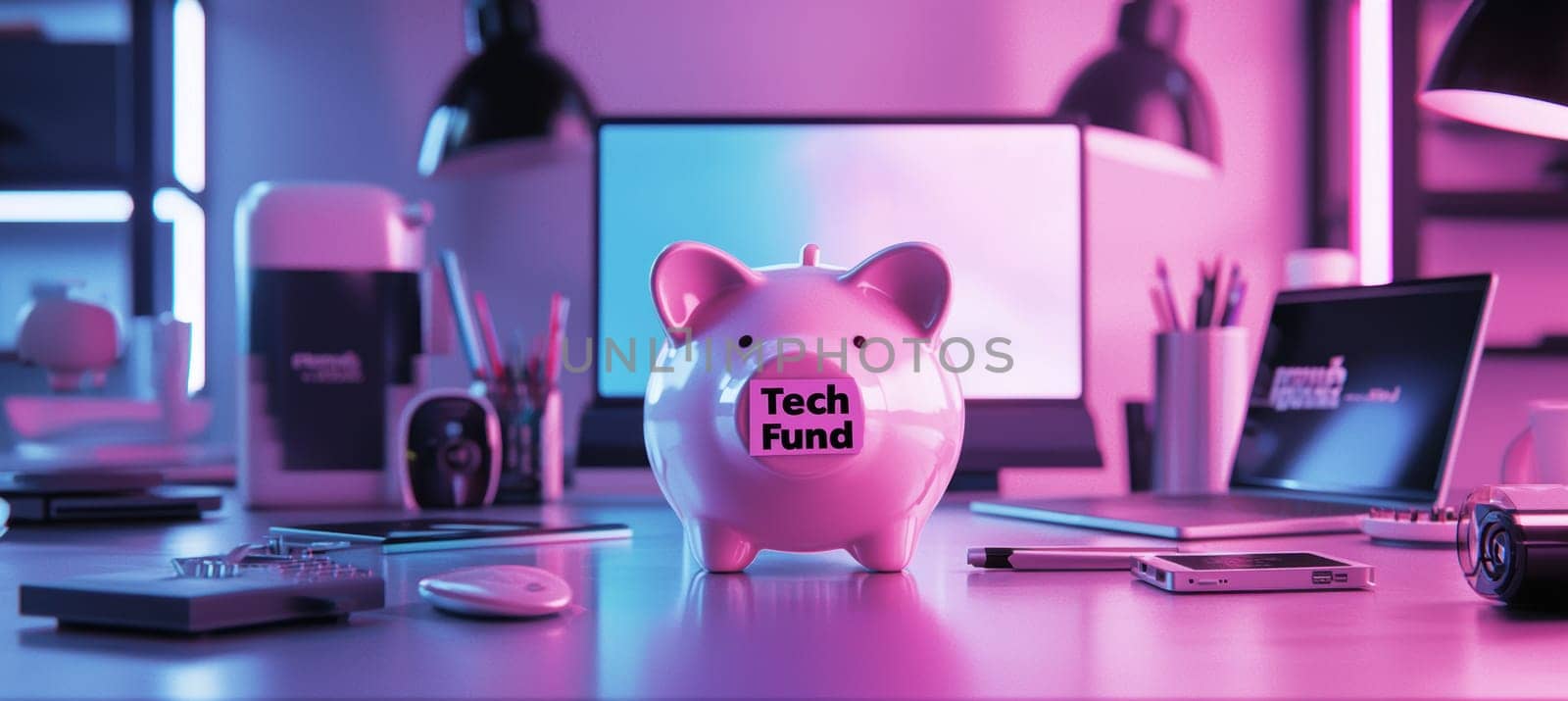 Piggy bank labeled "tech fund" on a minimalist desk featuring sleek gadgets and a laptop. the scene symbolizes saving for the latest technology amidst a futuristic, tech-centric environment with neon lighting.