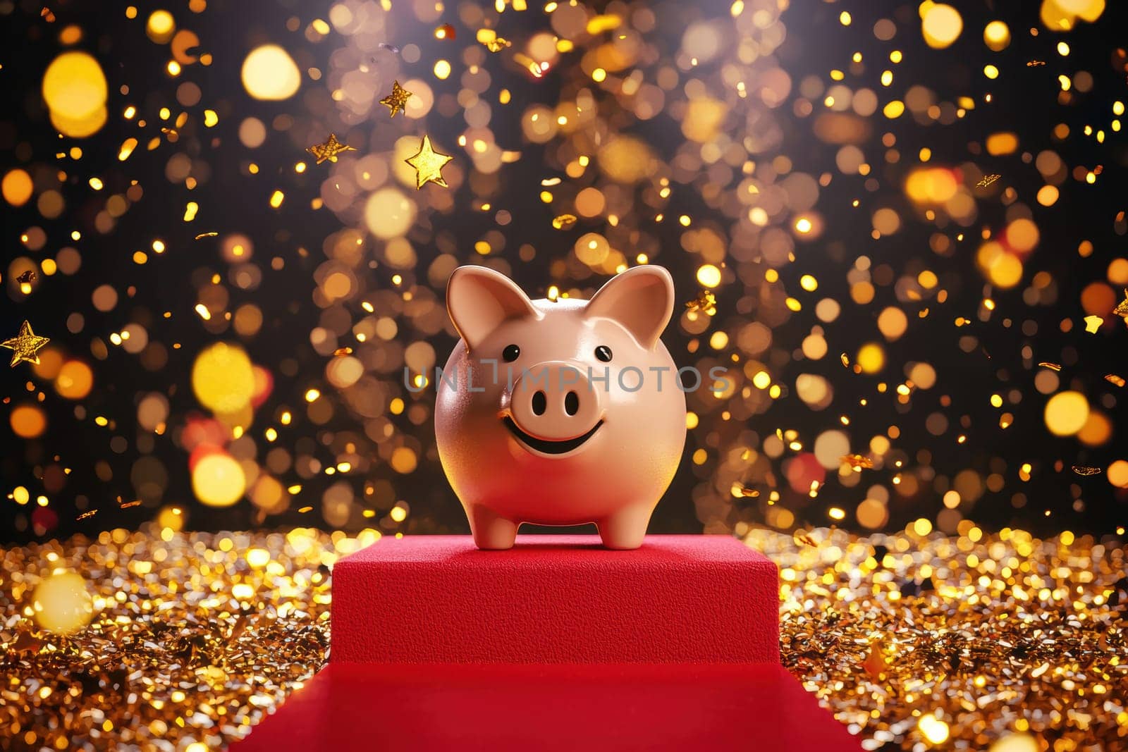 A white piggy bank stands prominently on a podium, surrounded by a red carpet and shimmering gold confetti. the scene symbolizes financial success, celebrating the achievement of savings goals in a festive and rewarding manner.