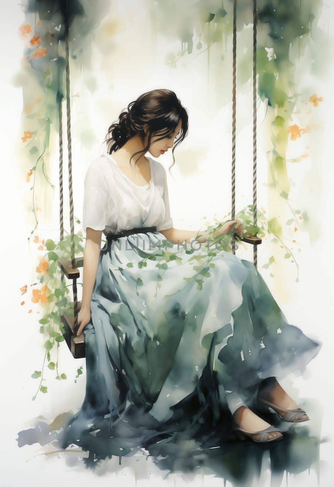 Watercolor, woman in a dress on a swing on a delicate background. Selective focus.