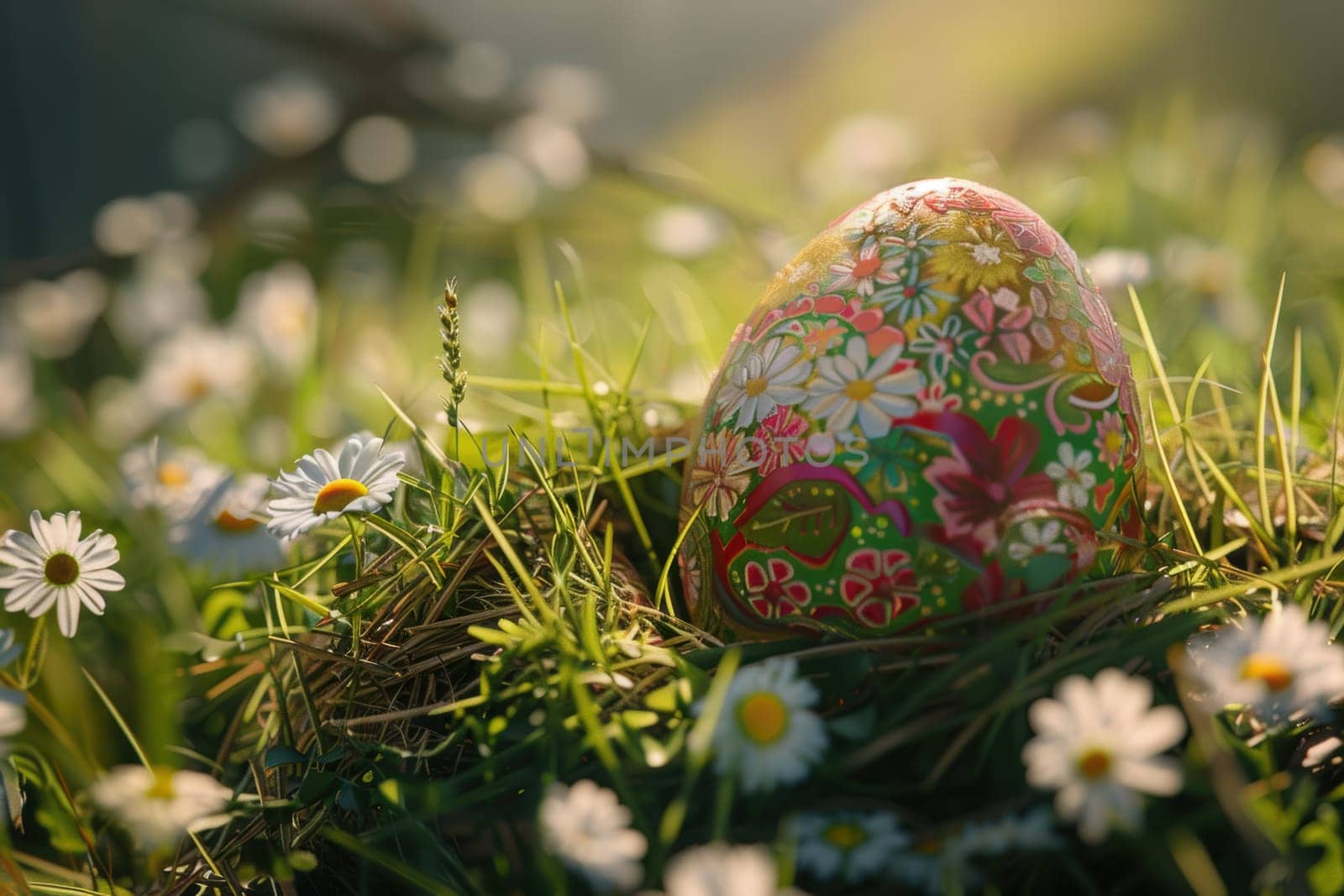 A photorealistic close-up of an intricately decorated easter egg with floral patterns, nestled in a bed of green grass. daisies bloom around the egg, while gentle sunlight bathes the scene, creating a serene and festive atmosphere.