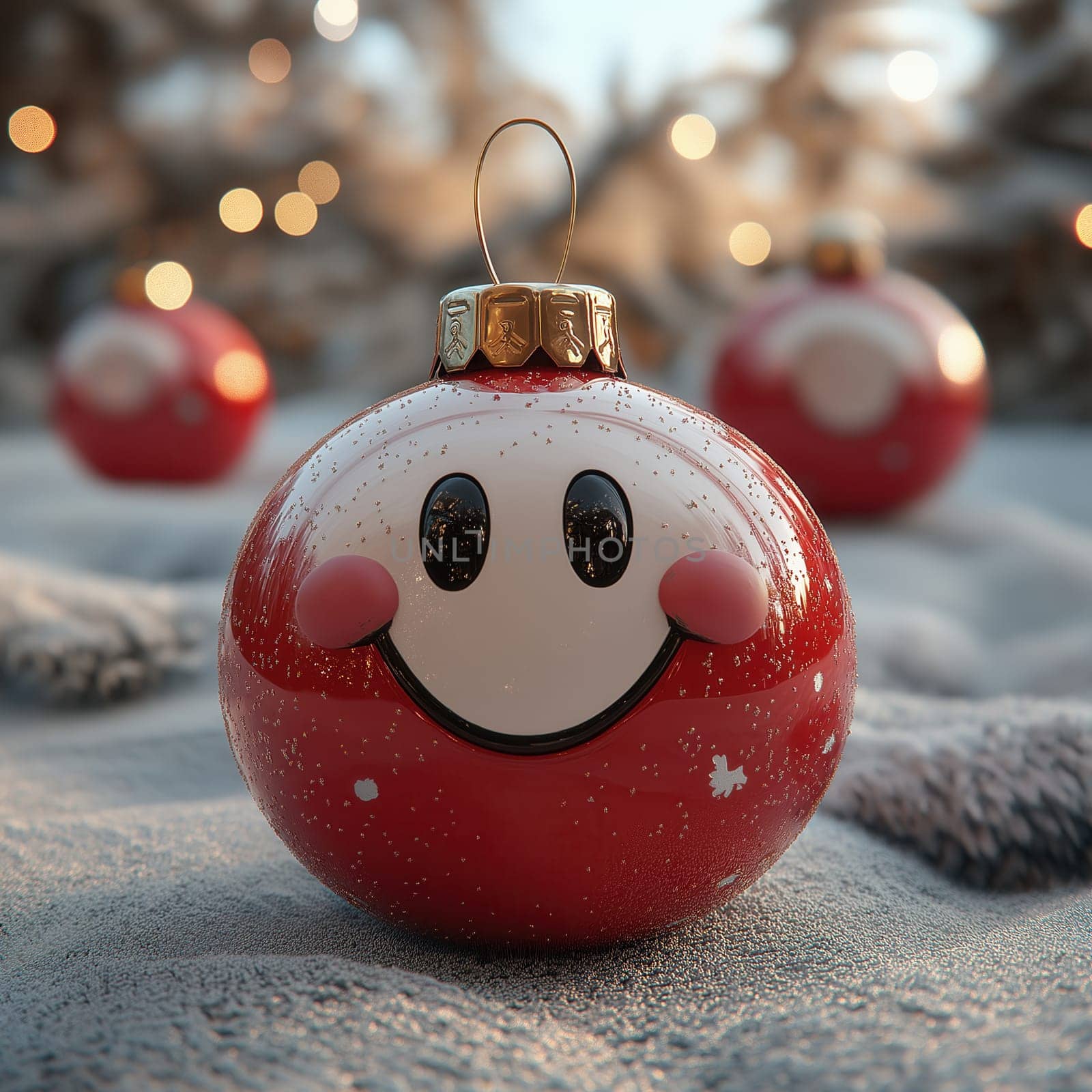 Cartoon Christmas tree toy red ball with a smiling face. Selective focus.