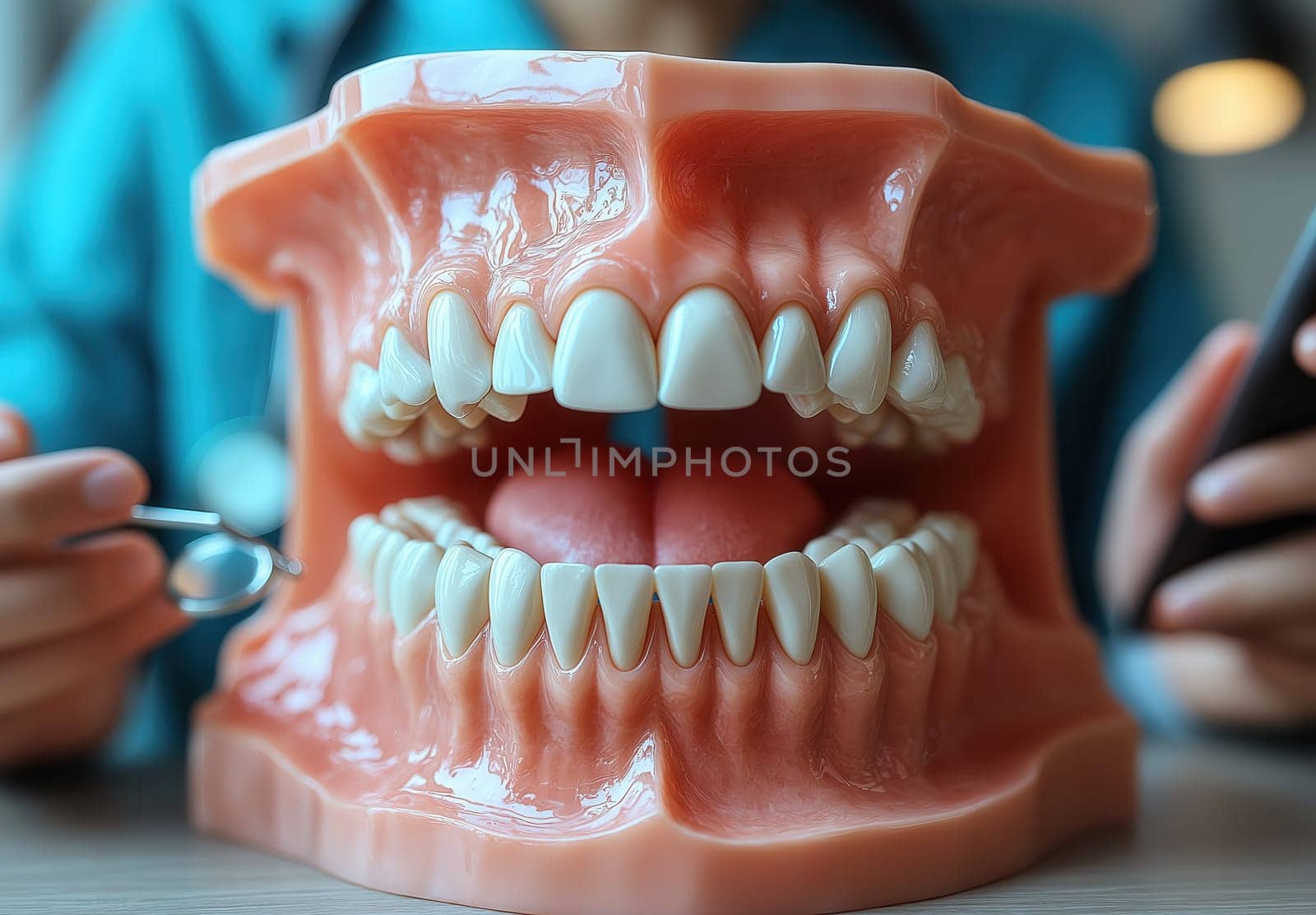 A dentist works with specimen teeth, recording data on a tablet. Selective focus.