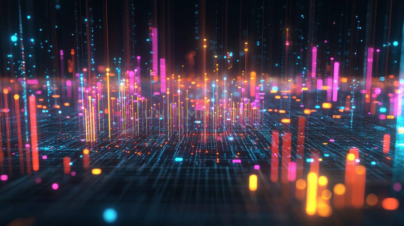 A vibrant 3d scatter plot visualizes the correlation between worldwide smartphone adoption and internet penetration rates over ten years, featuring glowing, colorful data points against a dark background to highlight statistical trends.