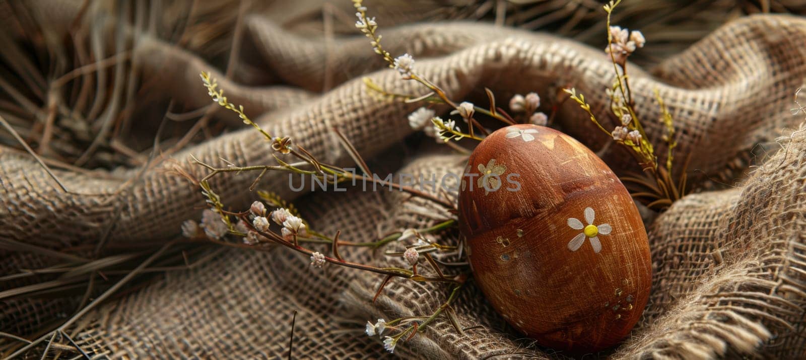 A close-up of a hand-painted wooden easter egg nestled on burlap cloth with delicate wildflowers. the warm, natural composition provides ample space for text on the right, ideal for seasonal designs, cards, or poster backgrounds.
