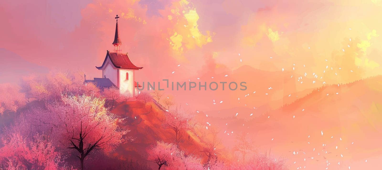 Church on a hill amidst blooming cherry blossoms, bathed in sunset hues of pink and orange. this tranquil easter scene evokes peace and introspection, with soft petals and gentle light creating a calming atmosphere.