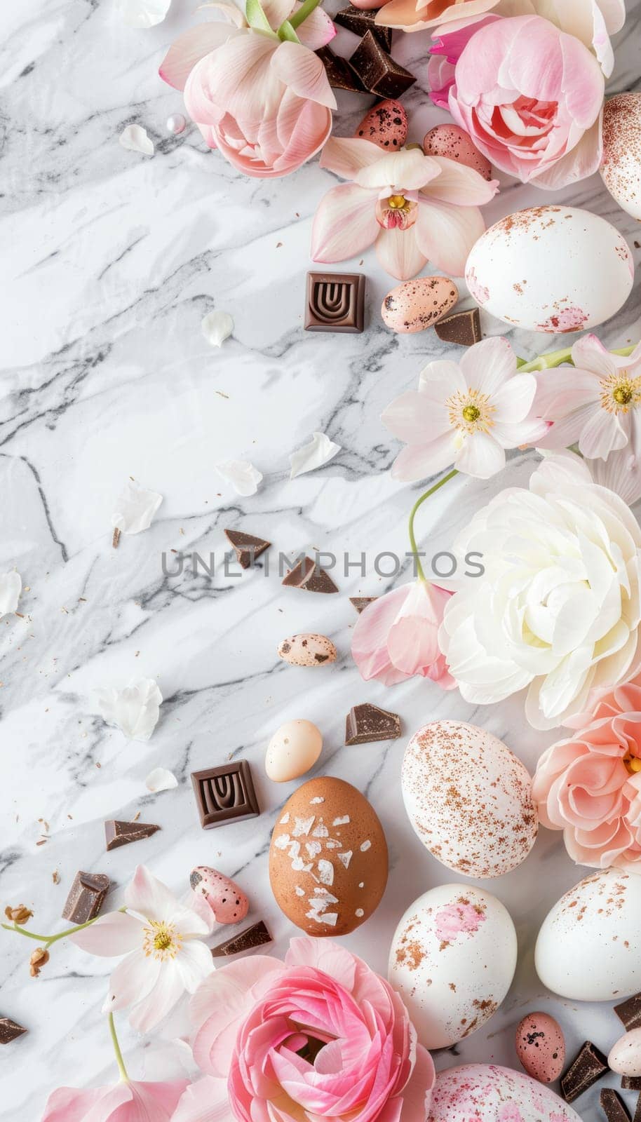 Luxury chocolates, pastel eggs, and fresh flowers artistically arranged on a marble surface, embodying a sophisticated easter theme. perfect for promoting seasonal celebrations or enhancing social media engagement with a touch of elegance.