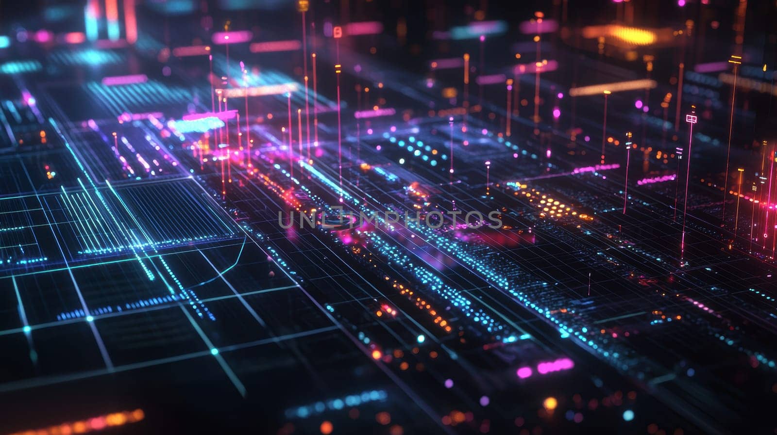 Futuristic 3d scatter plot visualizing ai integration and productivity in various industries. neon-colored data points illuminate a dark background, innovative technology trends and analytical insights in a digital framework.