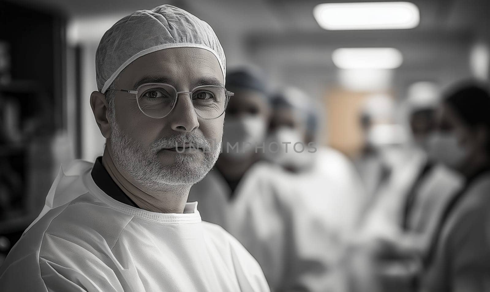 Monochrome image side view of doctor in hospital. Selective focus.