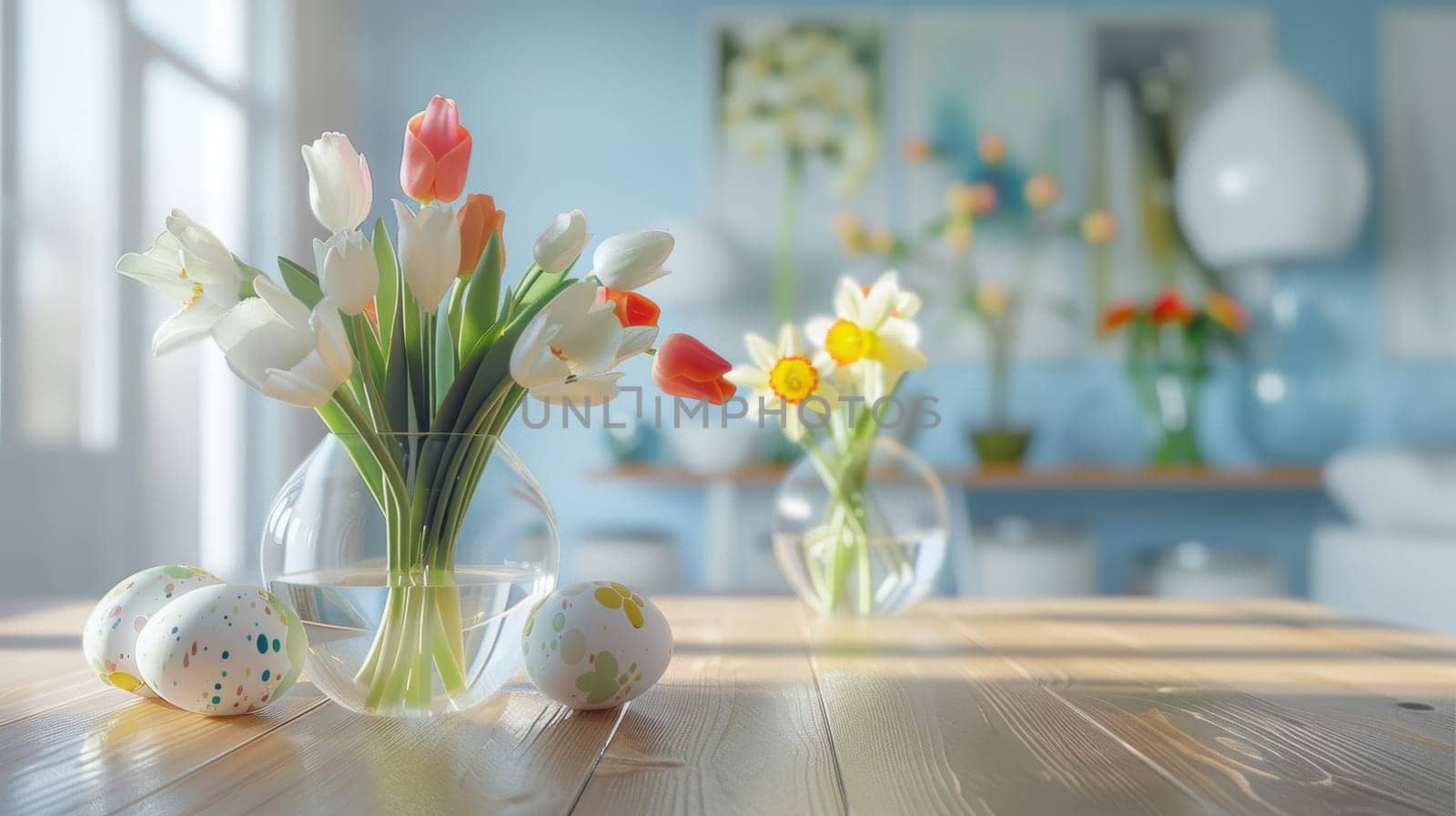 Beautiful modern easter scene with a sleek wooden table showcasing glass vases filled with vibrant tulips and daffodils. painted easter eggs are artfully arranged, complemented by soft natural light and a blurred backdrop for a serene ambiance.