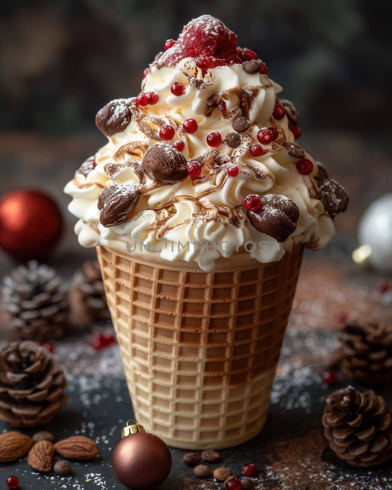 Ice cream in the shape of a Christmas tree in a waffle cone. Selective focus.