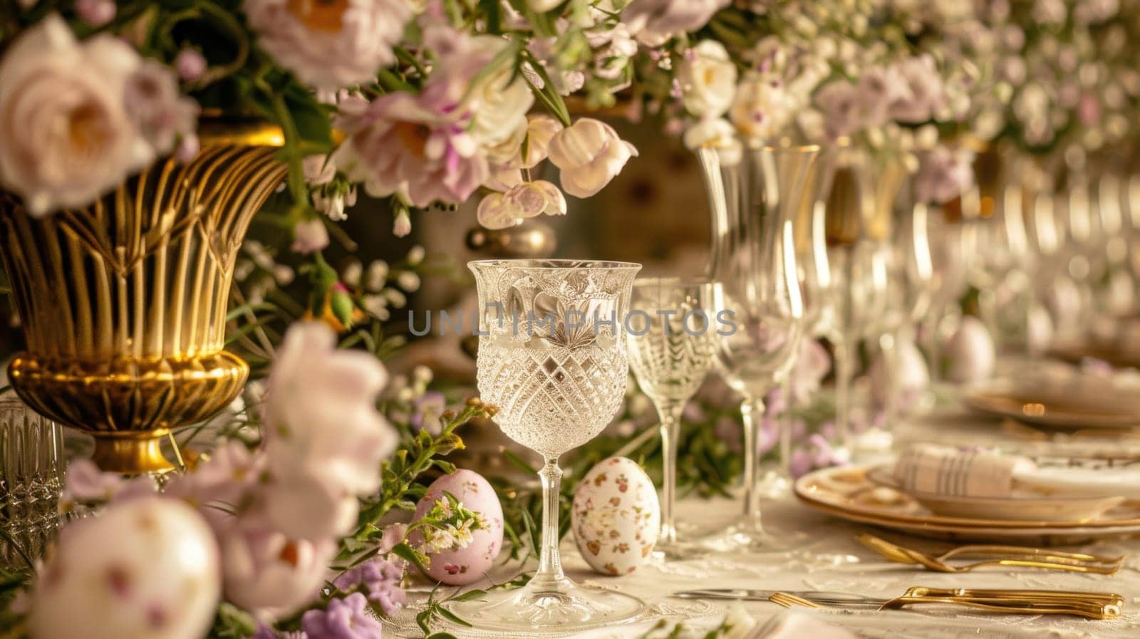 Luxurious easter setting featuring a banquet table adorned with crystal glasses, golden cutlery, and intricate floral arrangements. pastel-colored easter eggs add a festive touch, creating an elegant and celebratory ambiance.
