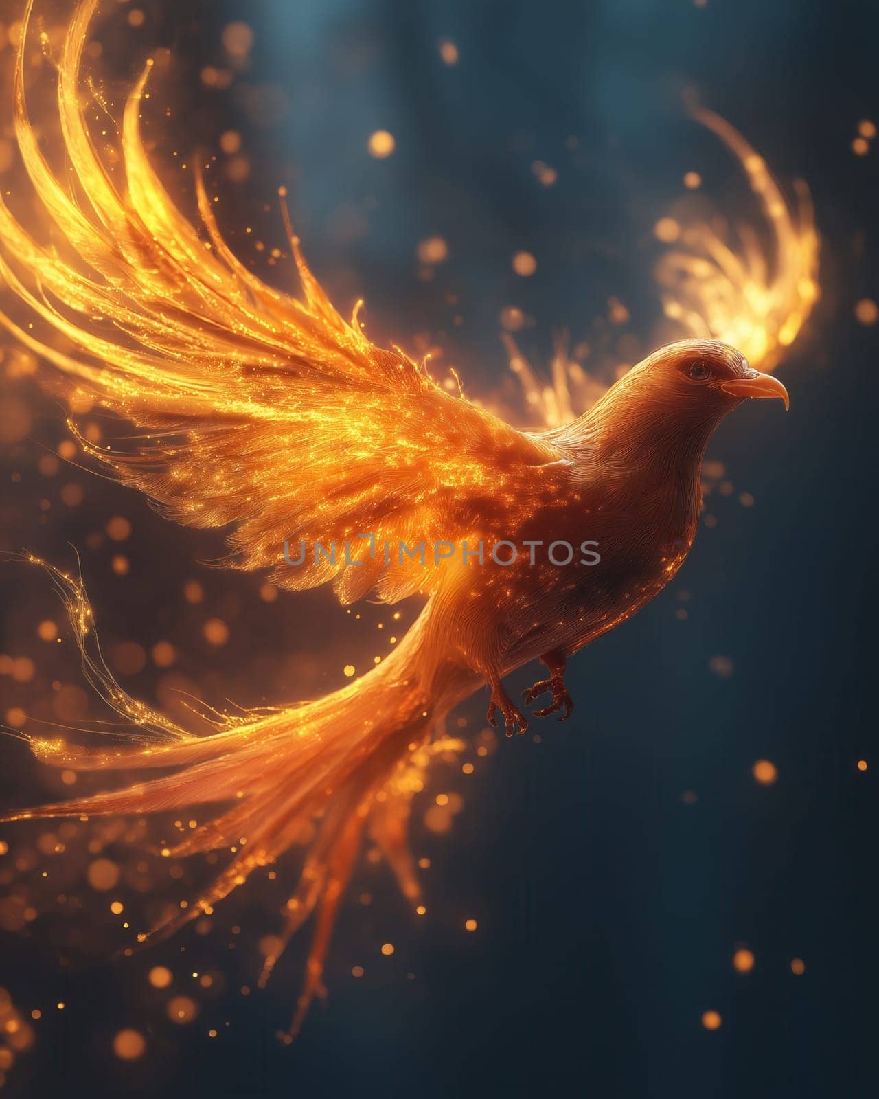 Mystical glowing bird on a black background. Selective focus.