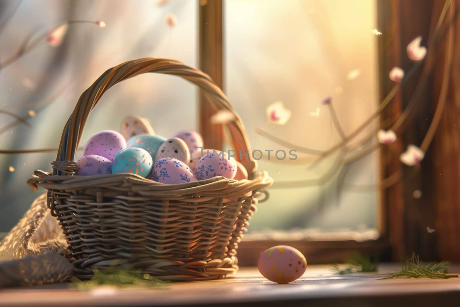 Freshly painted pastel easter eggs rest in a wicker basket atop a wooden table, with a gentle spring breeze flowing through an open window. soft sunlight enhances the serene ambiance, complemented by blossoming branches in the background.