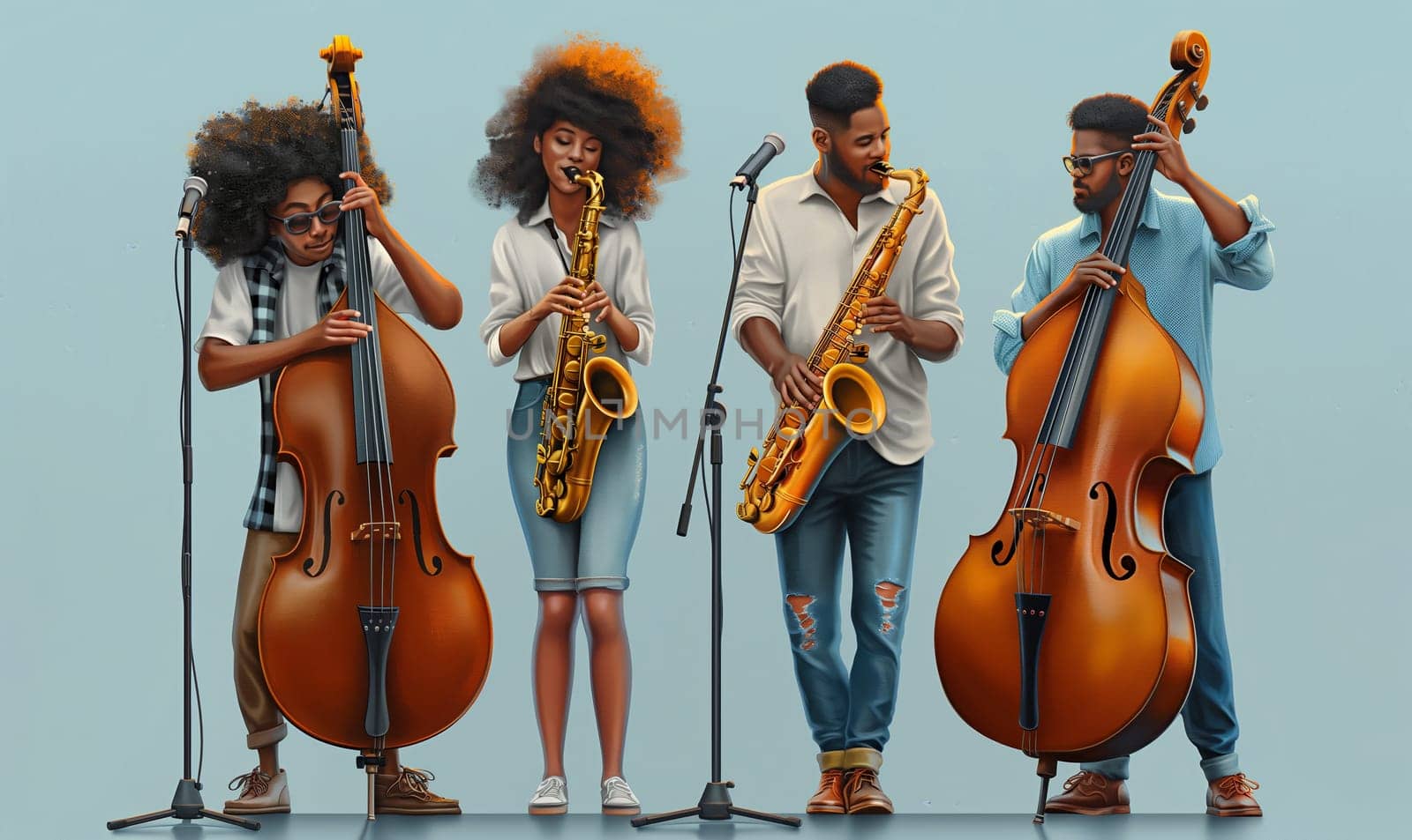 Illustration of cartoon musicians playing instruments. Selective focus.