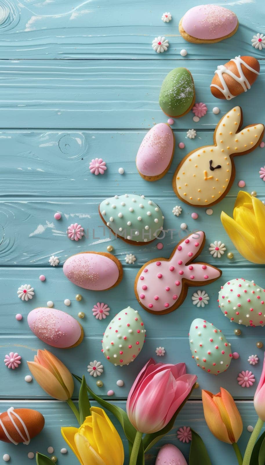 Vibrant easter arrangement featuring pastel-colored chocolate eggs and bunny-shaped cookies surrounded by fresh tulips on a rustic wooden surface. the playful composition offers a festive atmosphere with ample space for text or design elements.
