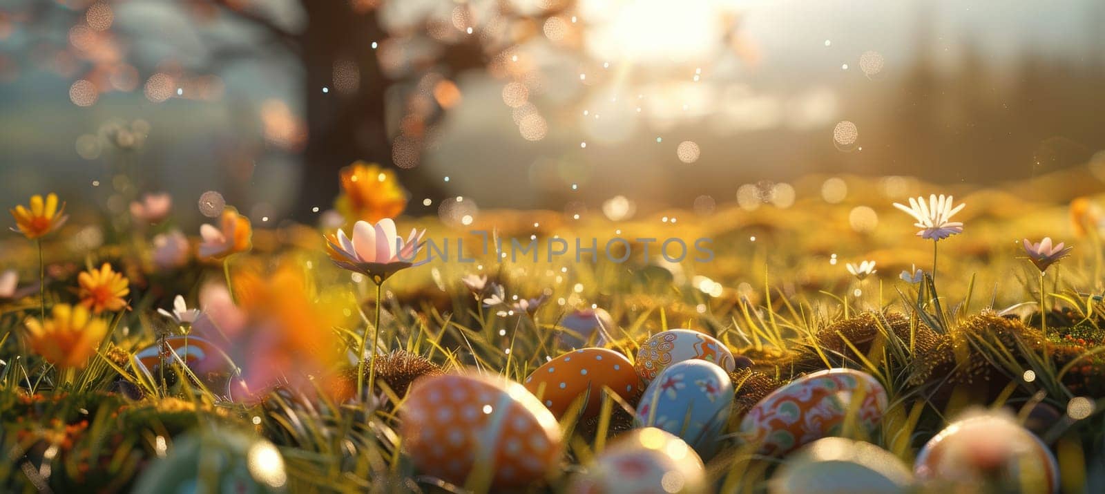 A tranquil easter morning scene with a soft sunrise over a lush meadow. vibrant flowers bloom amidst the grass, where colorful easter eggs are artfully hidden. the peaceful atmosphere exudes serenity and the promise of a new day.