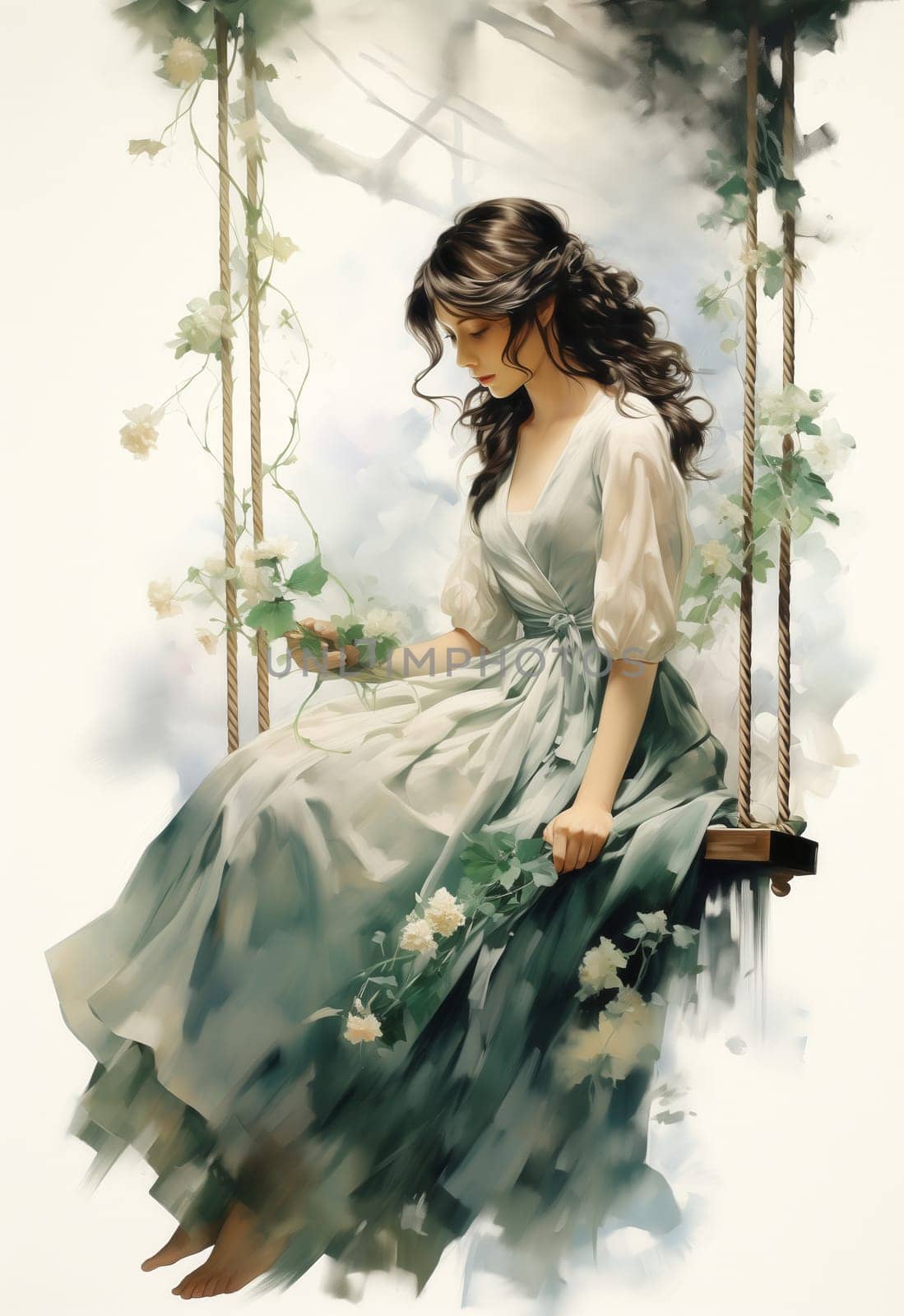 Watercolor, woman in a dress on a swing on a delicate background. Selective focus.