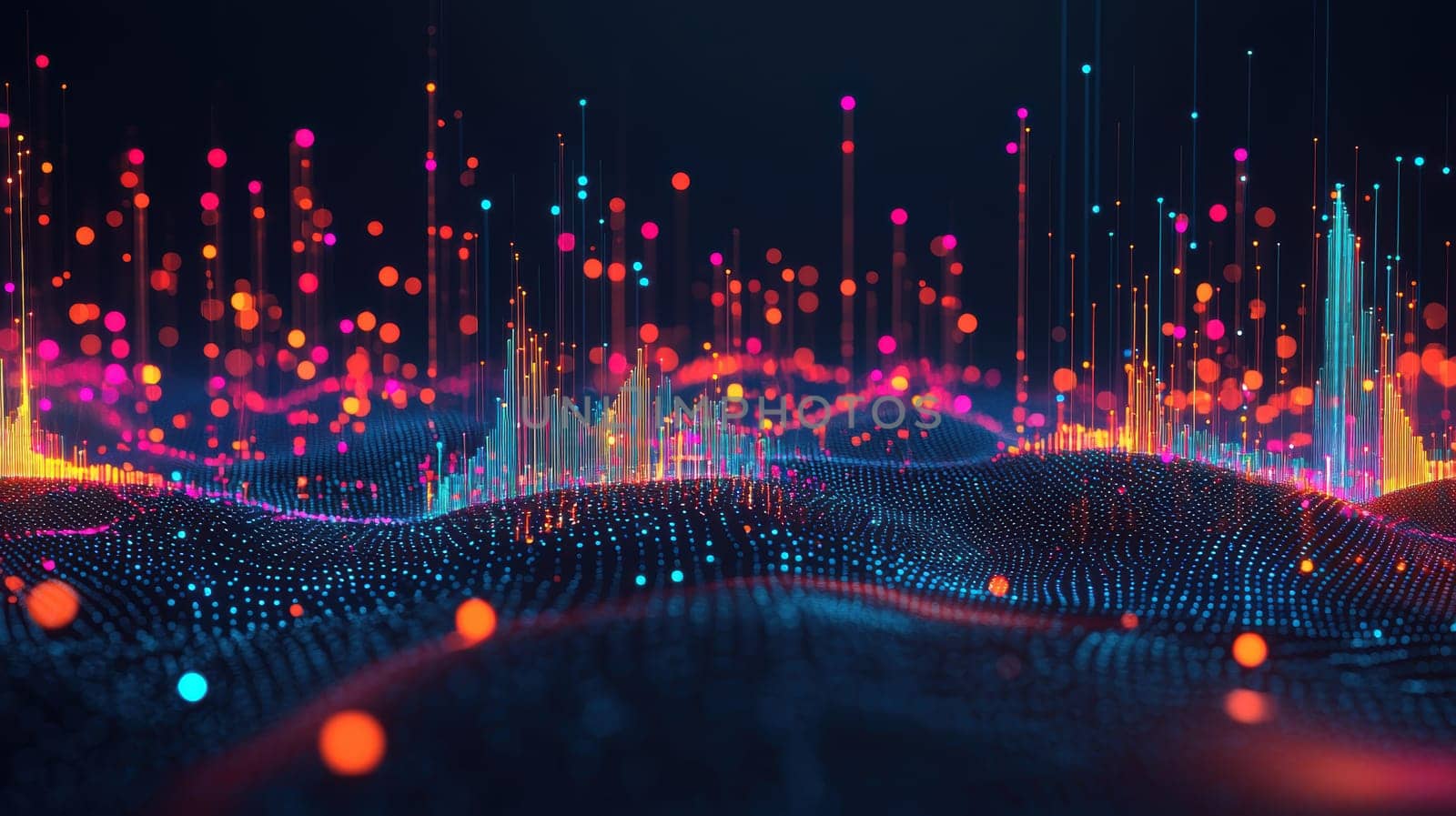 A futuristic 3d scatter plot visualizing the connection between technological innovation and environmental sustainability across industries. the plot features neon-colored data points, trends in a digitally advanced, eco-friendly landscape.