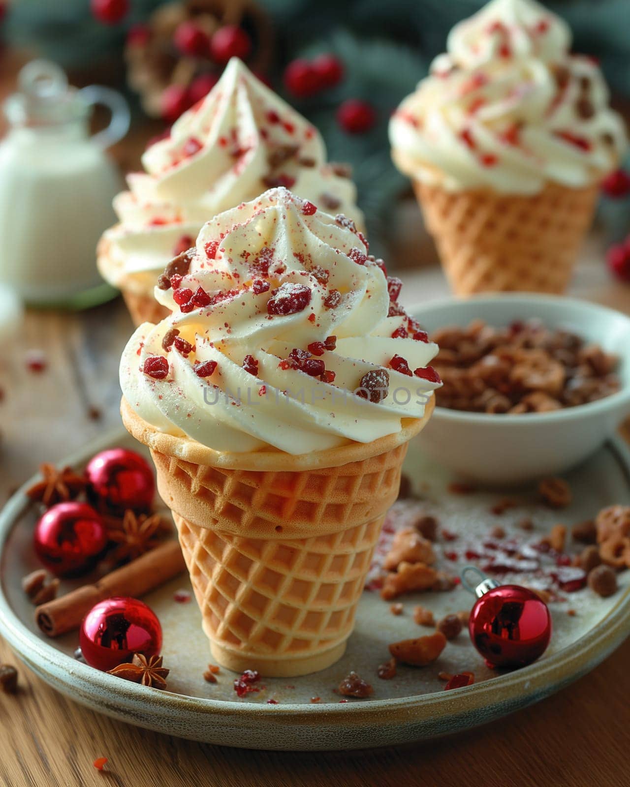 Ice cream in the shape of a Christmas tree in a waffle cone. Selective focus.