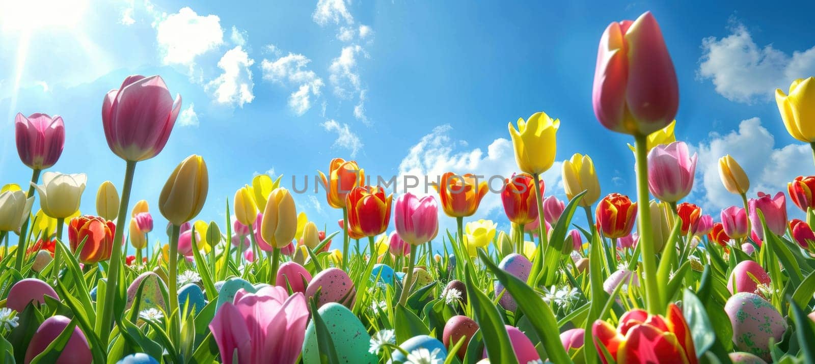 Vibrant tulips in full bloom surround easter eggs nestled among the flowers, set against a bright blue sky with fluffy white clouds. this cheerful spring scene evokes feelings of celebration and renewal perfect for easter themes.