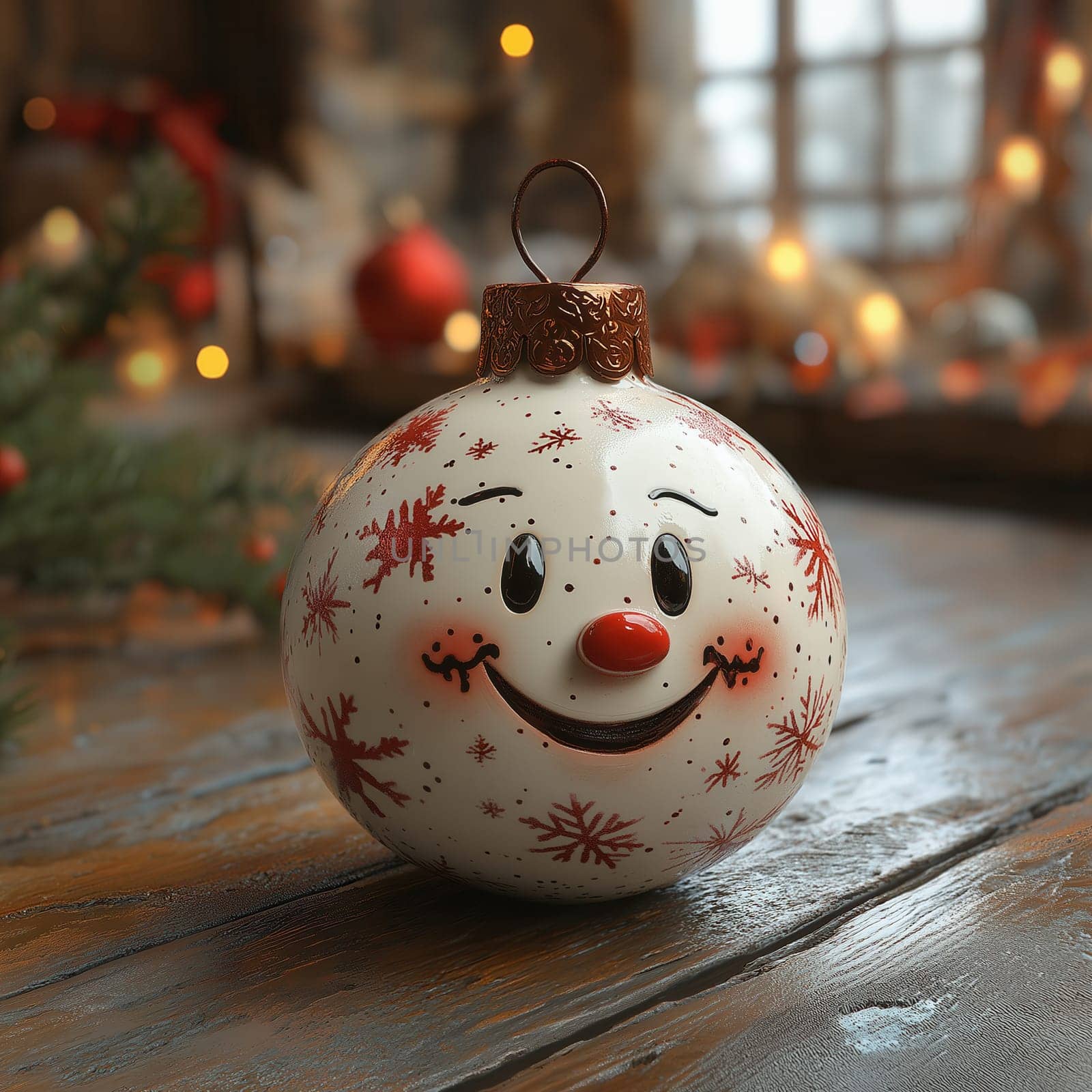Cartoon Christmas tree toy white ball with a smiling face. Selective focus.