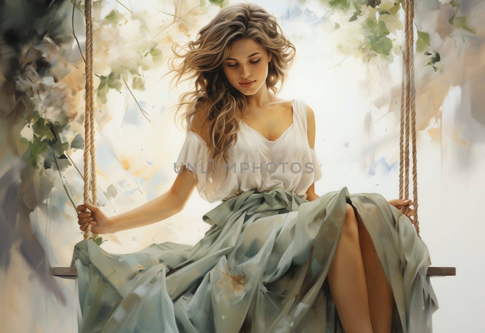 Watercolor, woman in a dress on a swing on a delicate background. Selective focus.