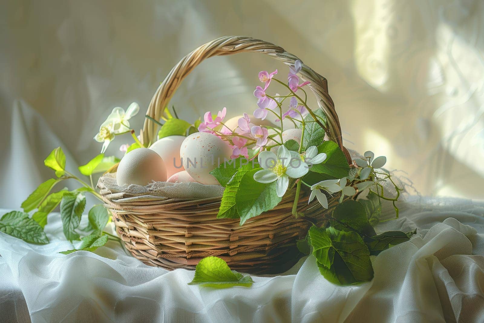 Wicker basket filled with pastel-colored eggs, delicate spring flowers, and lush green leaves on a white linen tablecloth. soft natural light creates a serene and elegant atmosphere, perfect for spring or easter-themed designs.