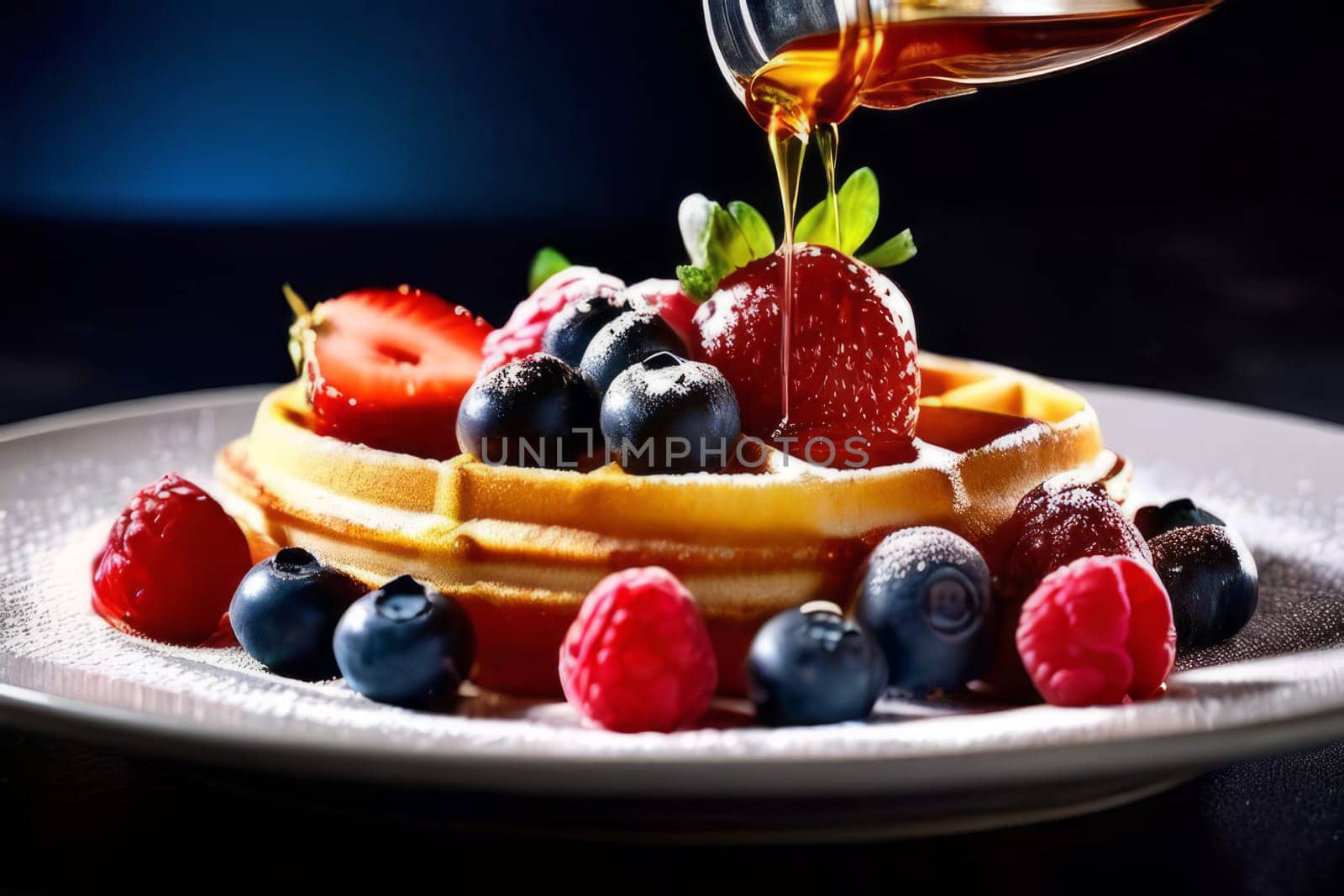 Scrumptious waffles topped with ripe strawberries and blueberries. Syrup flows over, creating a deliciously inviting scene perfect for breakfast culture and culinary inspiration