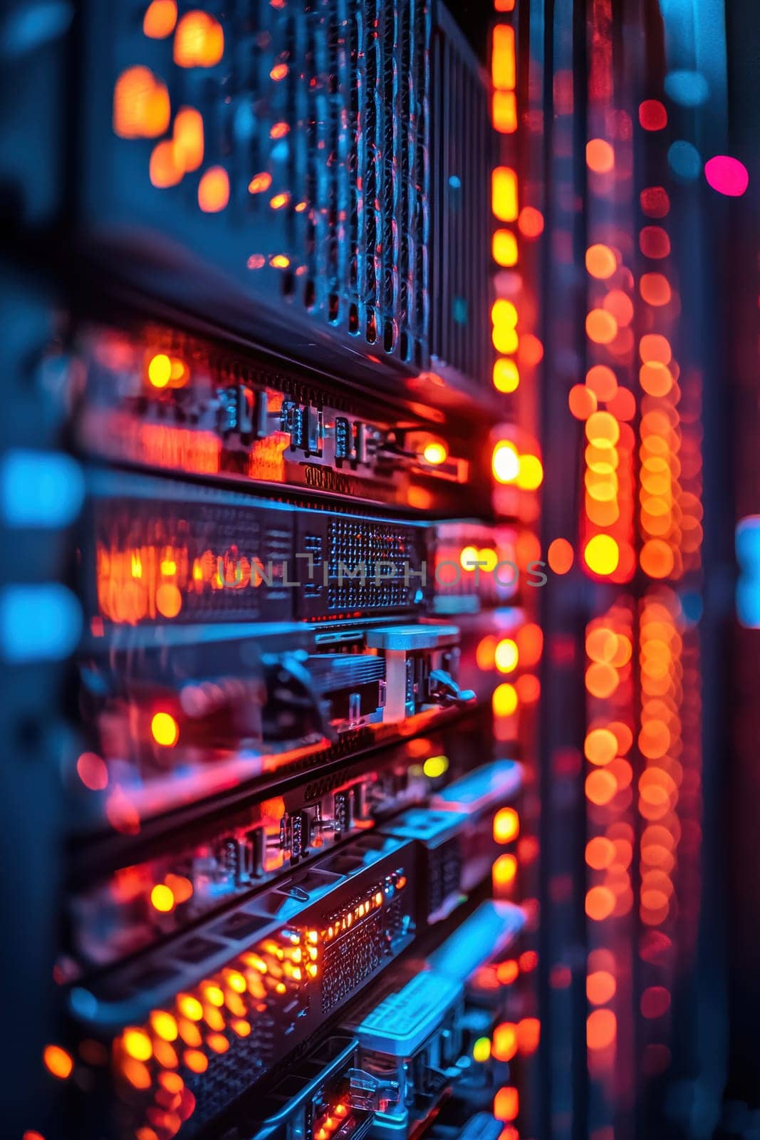 Close-up view of a server unit in a data center, vibrant flashing lights and intricate hardware details. the dimly lit environment emphasizes the technological sophistication and operational dynamics of modern computing systems.