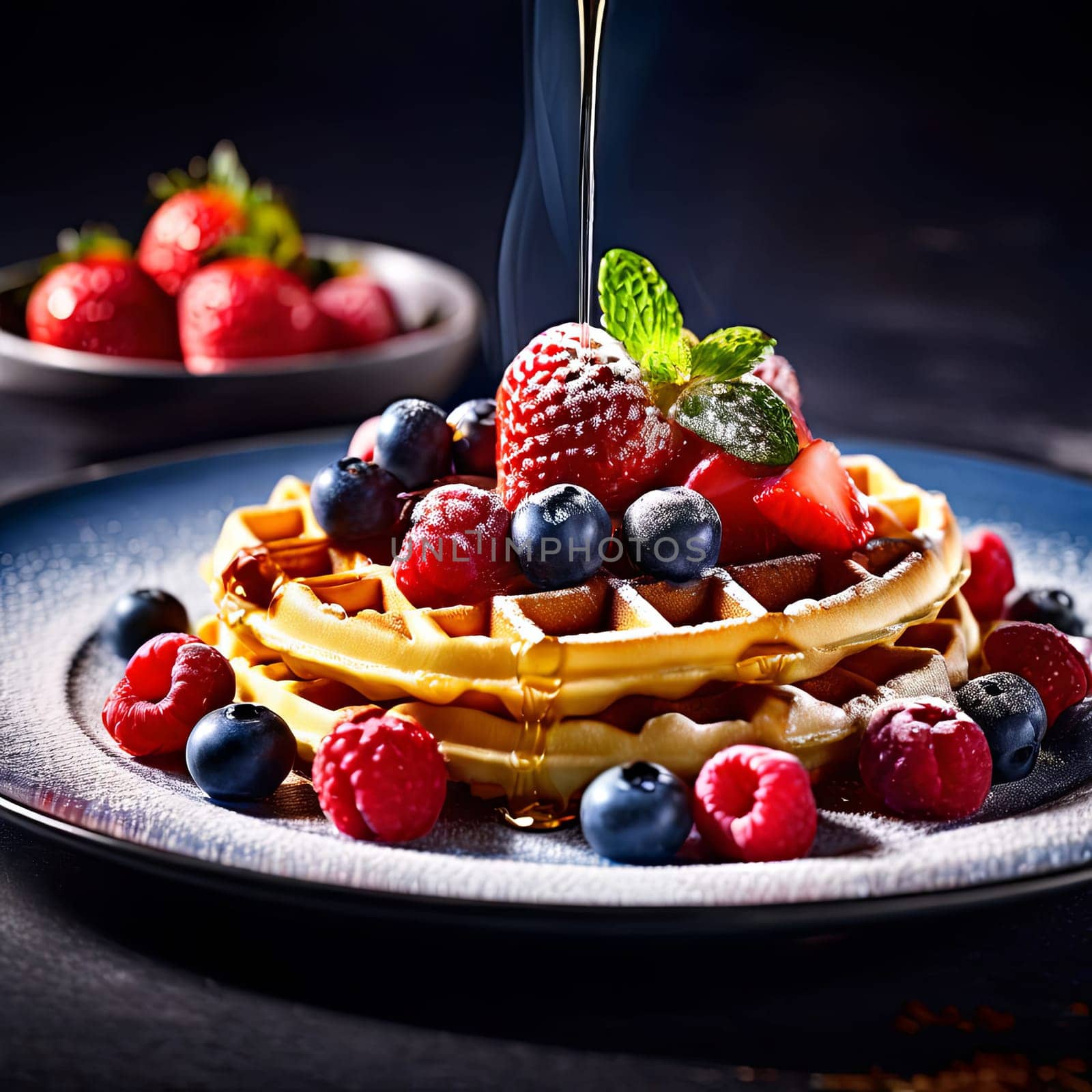 Appetizing waffles garnished with strawberries and blueberries, drizzled with syrup. Colorful and inviting, this image is perfect for showcasing breakfast delights and dessert menus