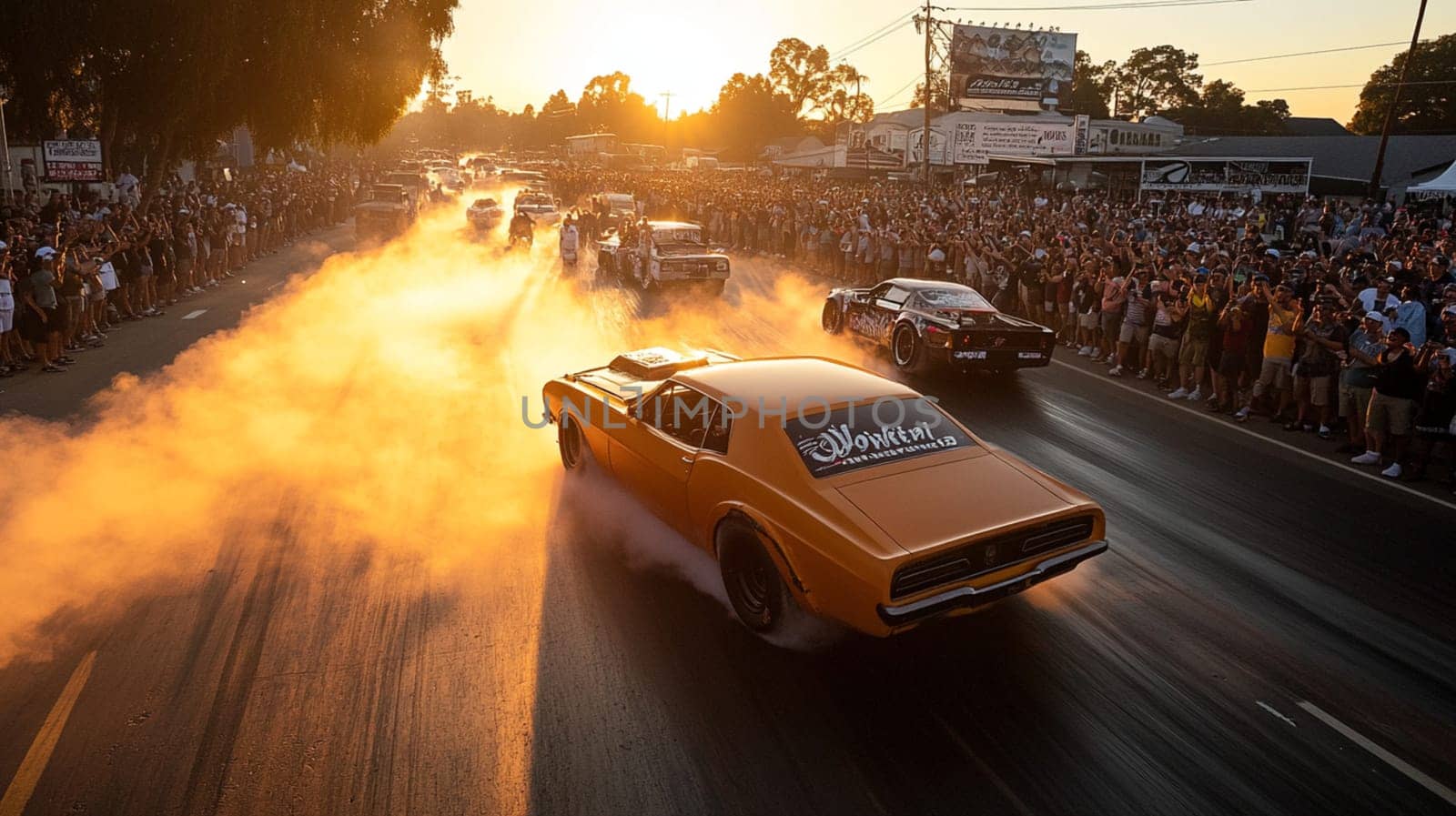 Pink muscle car revs its engine, creating smoke as a crowd cheers at an event. The vibrant sunset adds excitement to this dynamic scene of automotive passion in california's urban streets