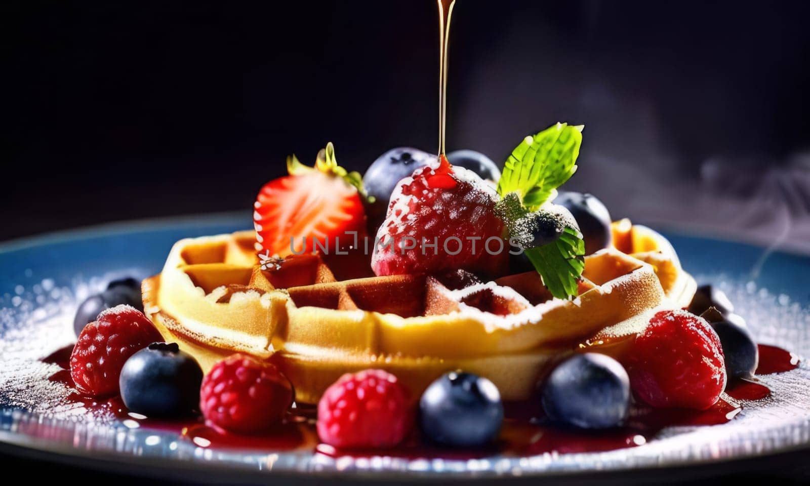 Fluffy waffles topped with luscious berries and syrup. Bright colors evoke warmth and comfort, making it ideal for food related marketing and brunch promotions