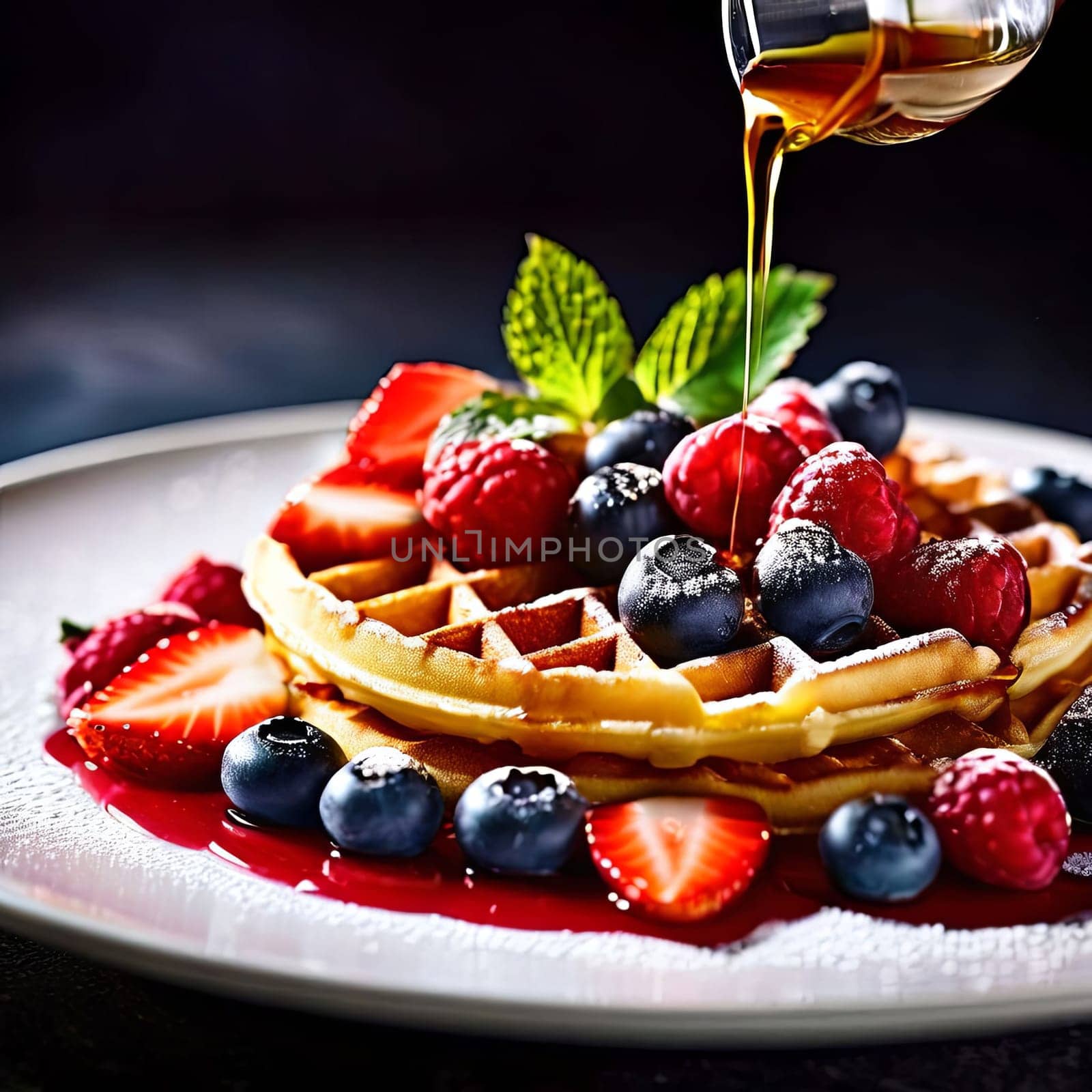Golden waffles drizzled with rich syrup, topped with fresh strawberries, blueberries, and raspberries. Garnished with mint leaves, creating an inviting breakfast scene perfect for food lovers