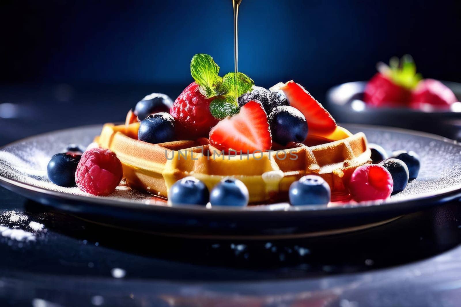Scrumptious waffles topped with ripe strawberries and blueberries. Syrup flows over, creating a deliciously inviting scene perfect for breakfast culture and culinary inspiration