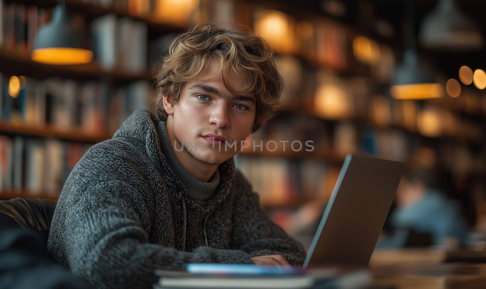 A young man sits in a library working on a laptop. Selective focus.