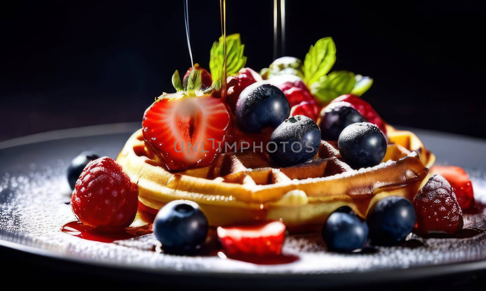 Irresistible waffles presented with an array of fresh berries. Mint leaves add a fresh touch, making this image suitable for lifestyle branding and food related content